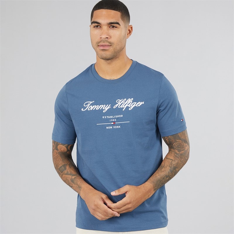Tommy Hilfiger Mens Script Logo T-Shirt Aegean Sea