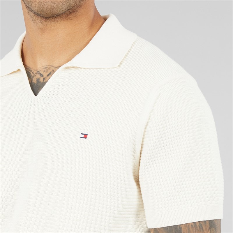 Mens Seasonal Knit Polo Shirt Ivory Petal - Image 3