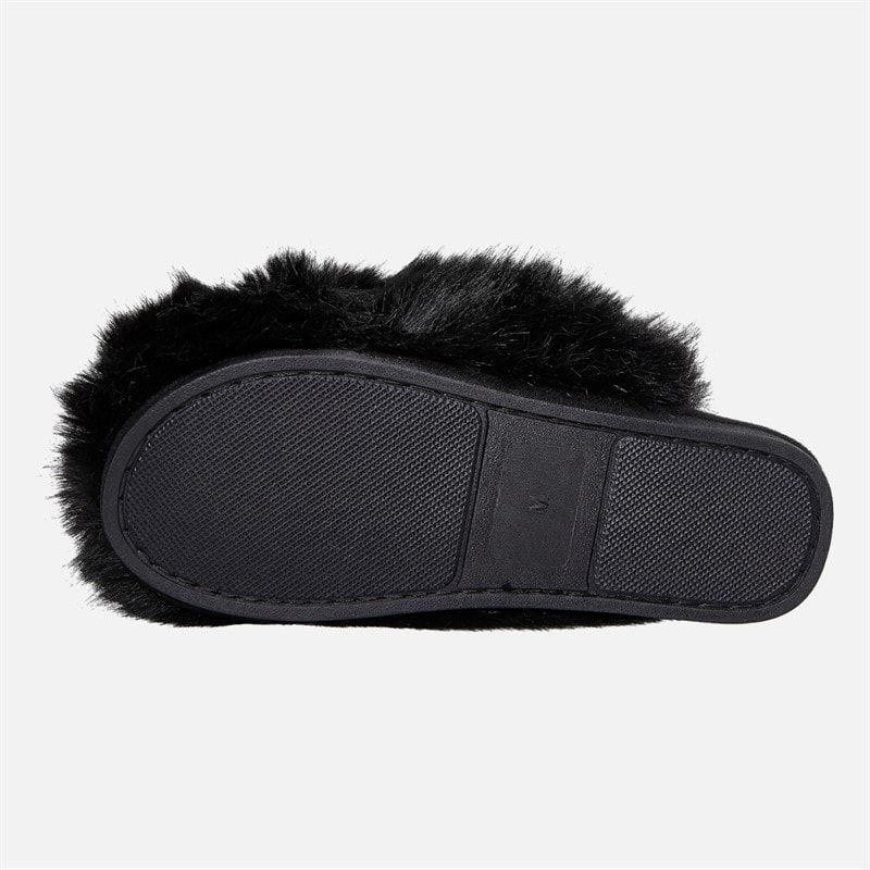 Womens Fluffy Mule Slippers Black Fur - Image 2