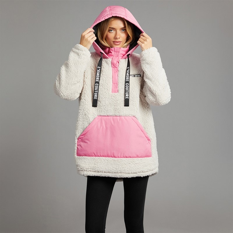 Womens Nebraska Borg Hooded Jacket Camel/Pink - Image 5