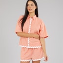 Womens Short Sleeve Shirt And Shorts Linen Mix Set Coral