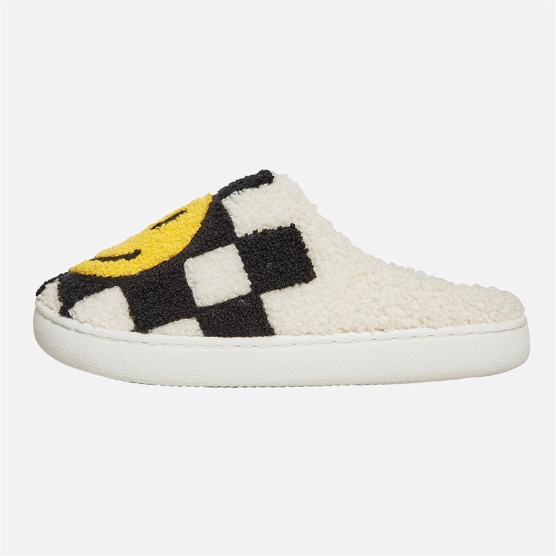 Womens Happy Face Mule Slippers Black/White Check - Image 2