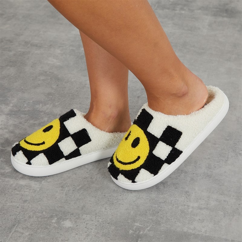 Womens Happy Face Mule Slippers Black/White Check - Image 5