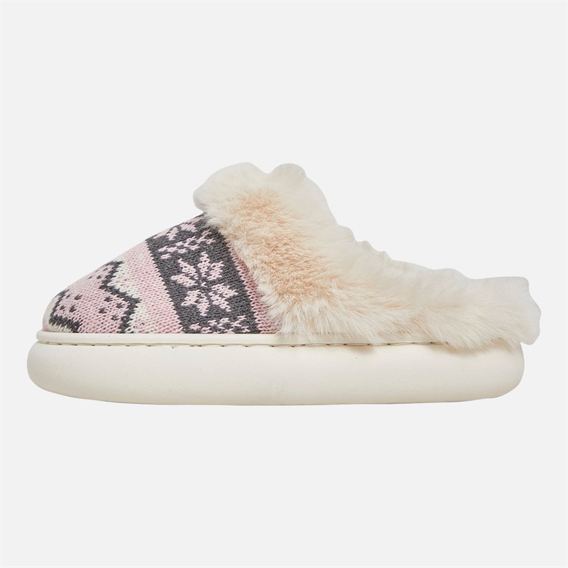 Womens Fairisle Mule Slippers Beige/Pink - Image 2