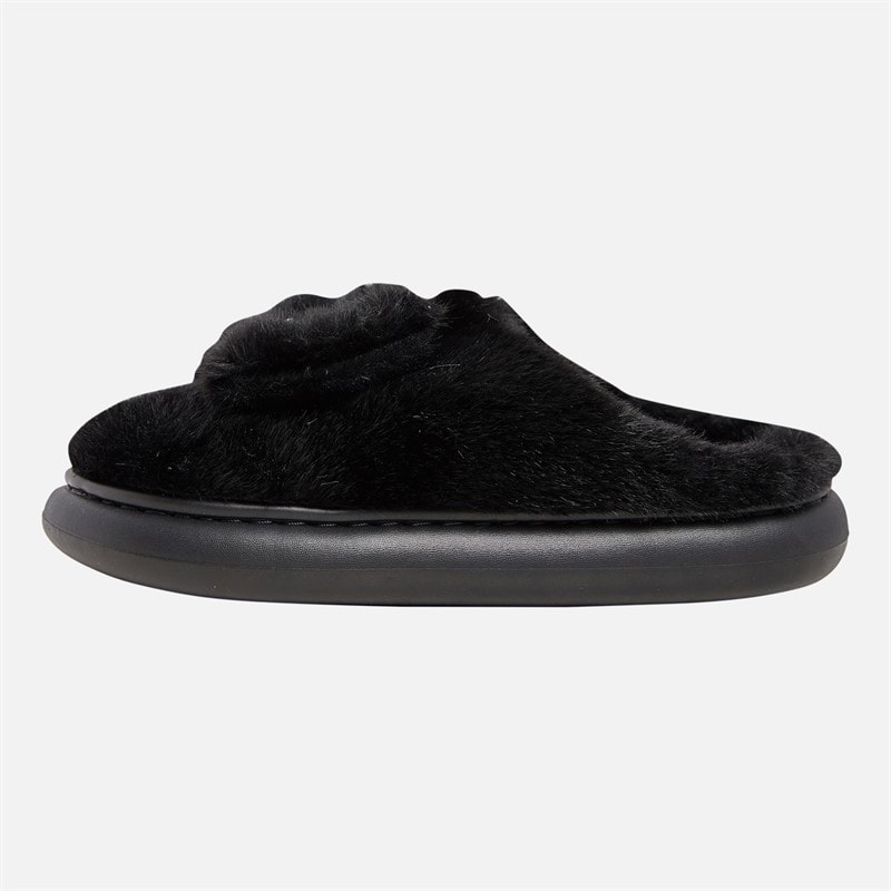 Womens Teddy Trim Fur Slippers Black - Image 2