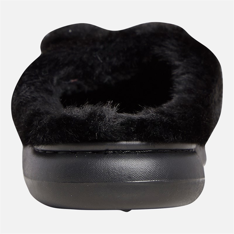 Womens Teddy Trim Fur Slippers Black - Image 4