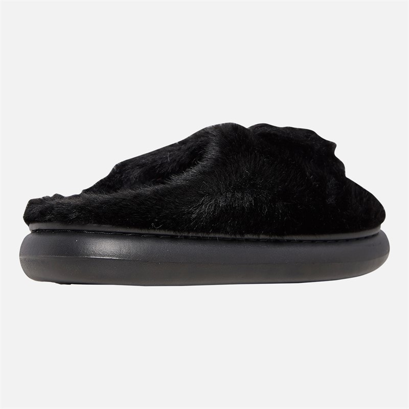 Womens Teddy Trim Fur Slippers Black - Image 5