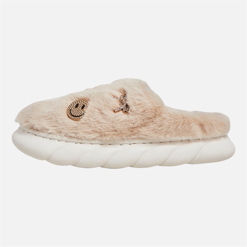 Womens Jewel Trim Mule Slippers Beige - Image 2