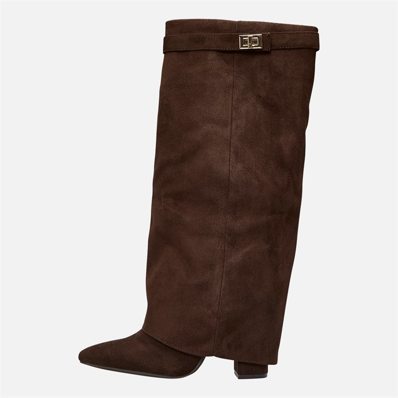 Womens Knee High Fold-Over Heel Boots Chocolate Micro - Image 2