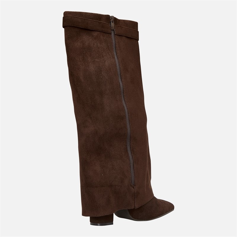 Womens Knee High Fold-Over Heel Boots Chocolate Micro - Image 5