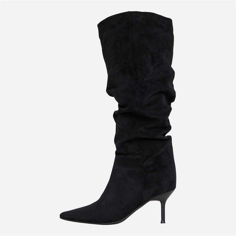 SEQWL Womens Knee High Slouch Heel Boots Black Micro