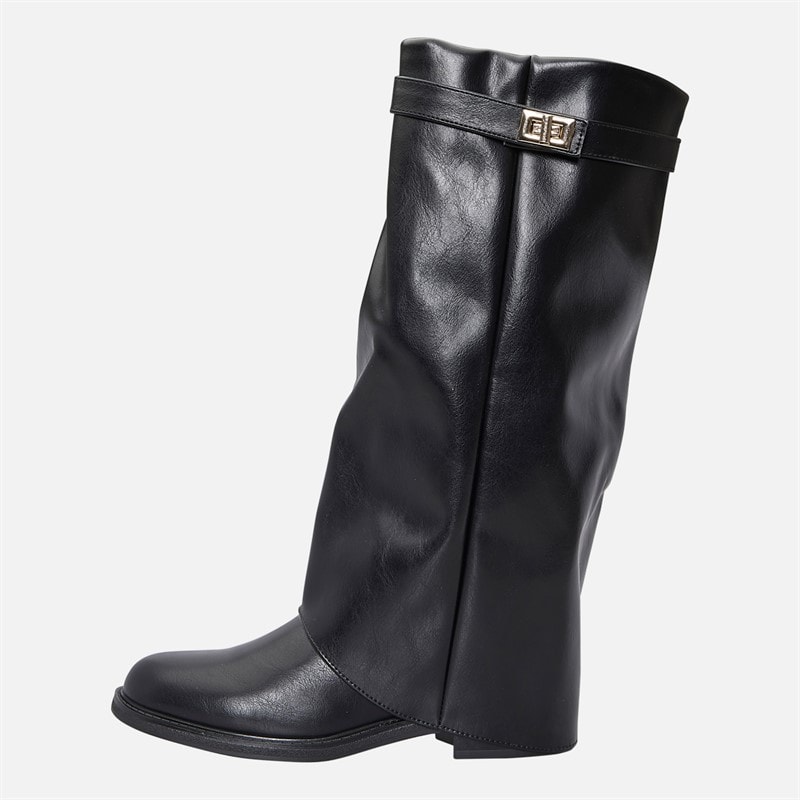 SEQWL Womens Knee High Foldover Boots Black Pu