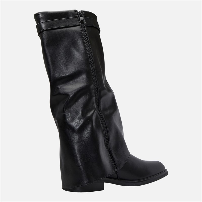 Womens Knee High Foldover Boots Black Pu - Image 4