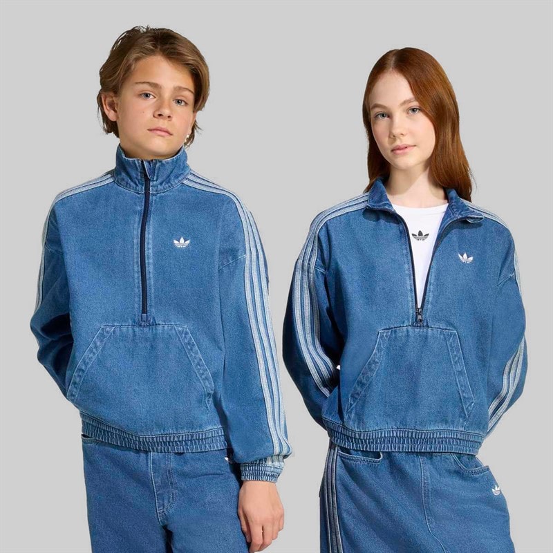 adidas Originals Junior Adicolor Trefoil Logo 1/4 Zip Top Medium Blue Denim