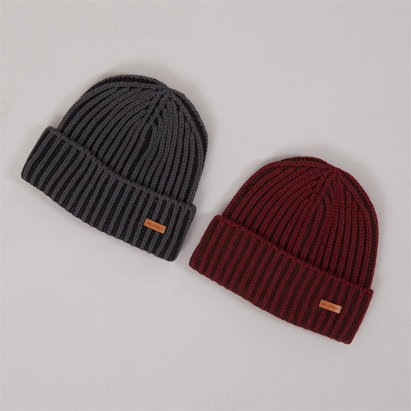 Bellfield Mens Two Pack Beanies Grey/Burg