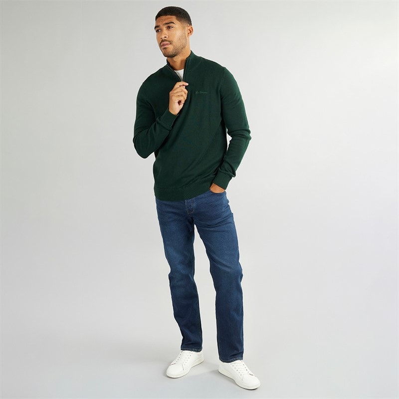 Mens 1/4 Zip Funnel Neck Jumper Dark Green - Image 4