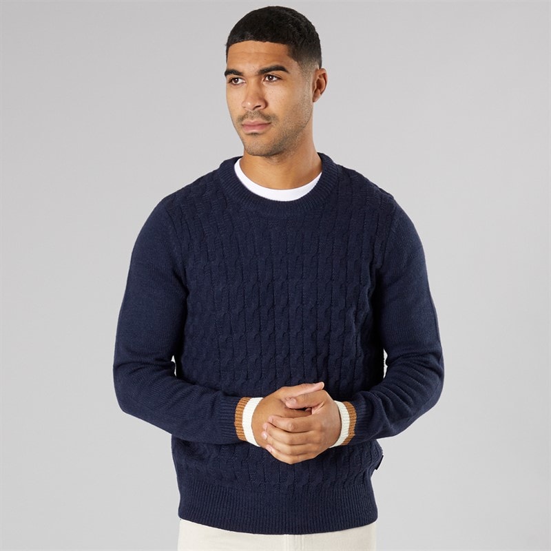 Mens Cable Textured Crew Jumper Dark Navy - Image 1