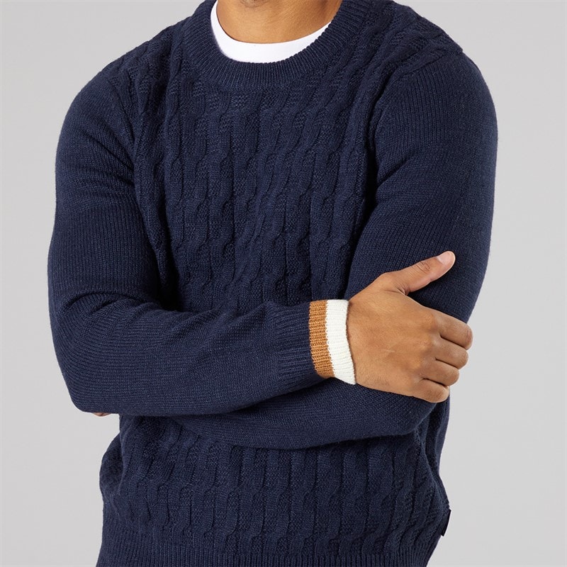 Mens Cable Textured Crew Jumper Dark Navy - Image 3