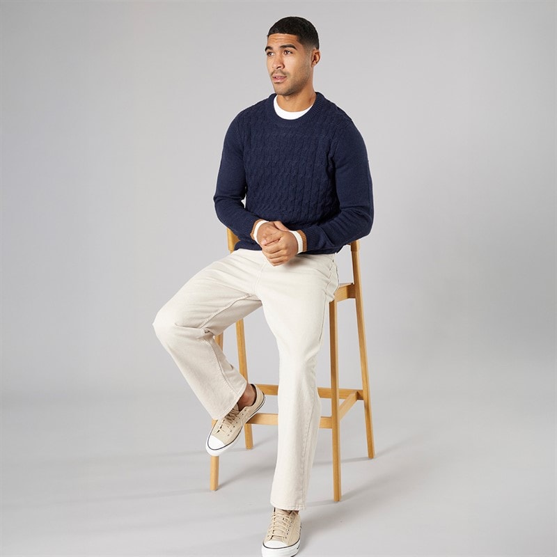 Mens Cable Textured Crew Jumper Dark Navy - Image 4