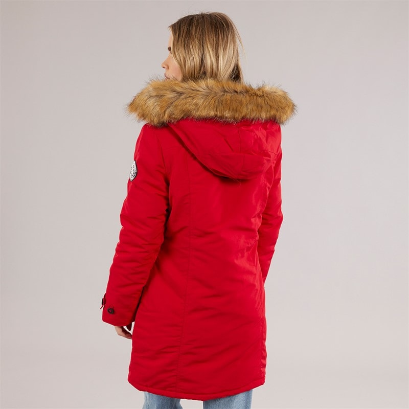 Womens Jacobs Faux Fur Parka Coat Red/Natural - Image 2