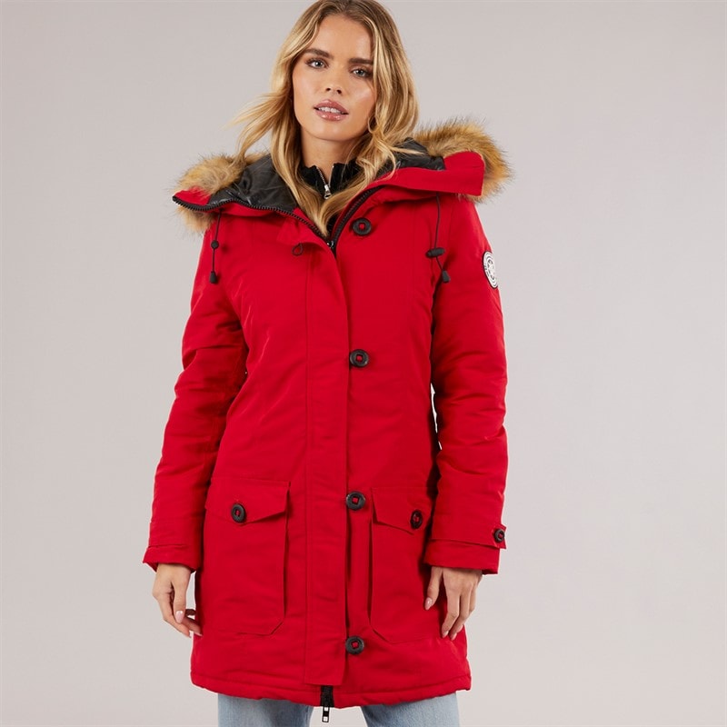 Womens Jacobs Faux Fur Parka Coat Red/Natural - Image 3