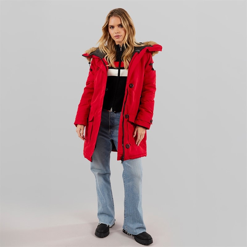 Womens Jacobs Faux Fur Parka Coat Red/Natural - Image 4