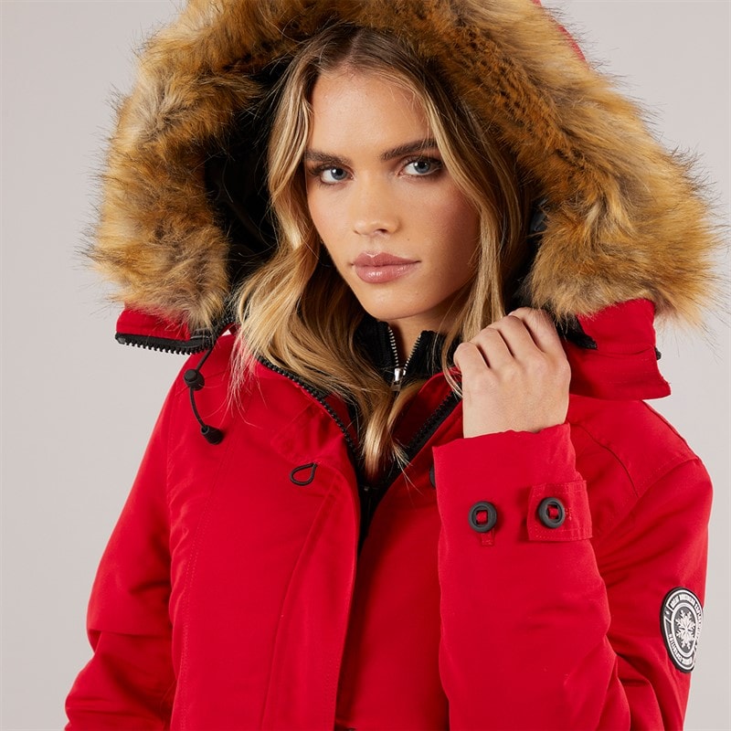 Womens Jacobs Faux Fur Parka Coat Red/Natural - Image 5