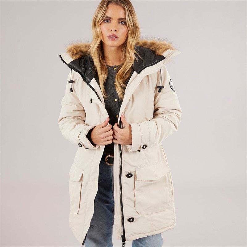 Brave Soul Womens Jacobs Faux Fur Parka Coat Cream