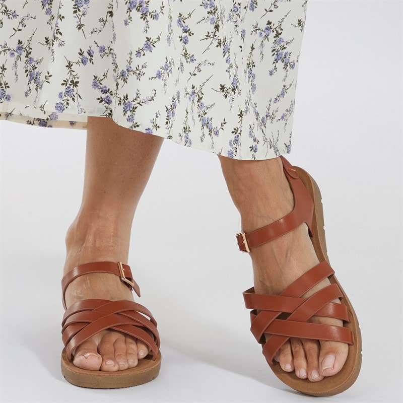 Brave Soul Womens Aria Ankle Strap Flat Sandals Tan - Image 1