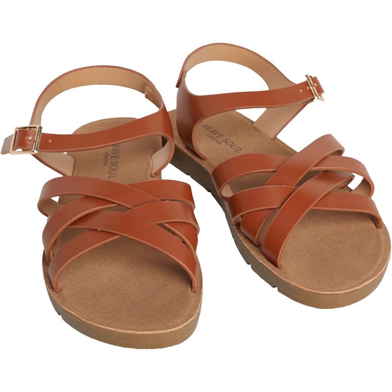 Brave Soul Womens Aria Ankle Strap Flat Sandals Tan - Image 2