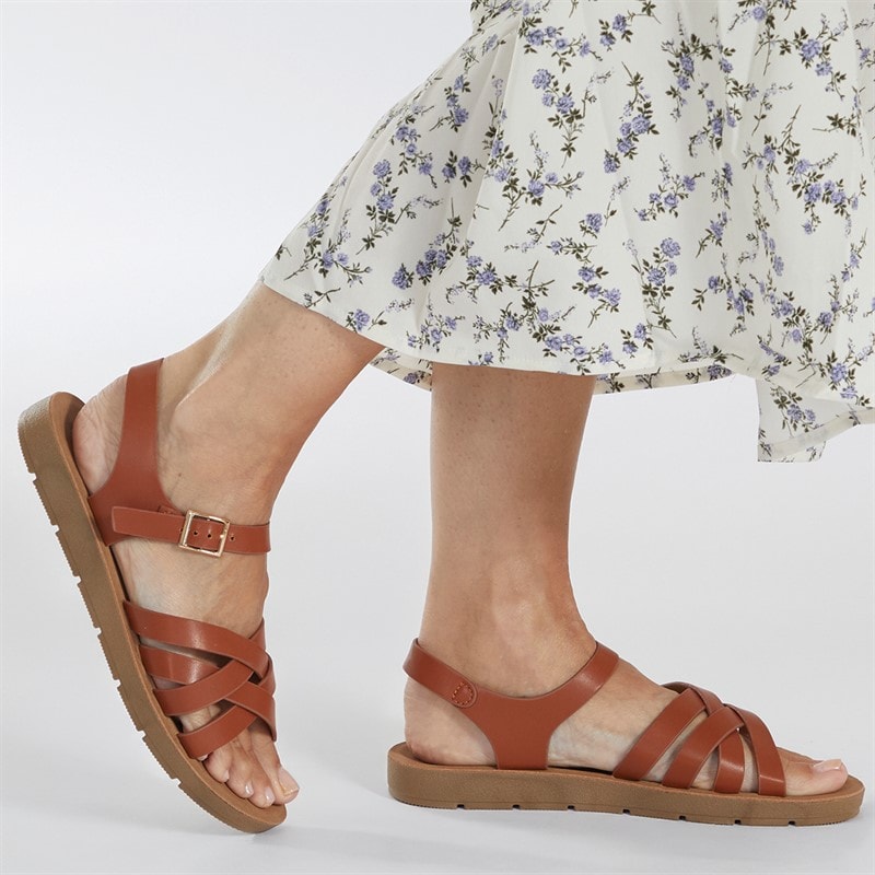 Brave Soul Womens Aria Ankle Strap Flat Sandals Tan - Image 5