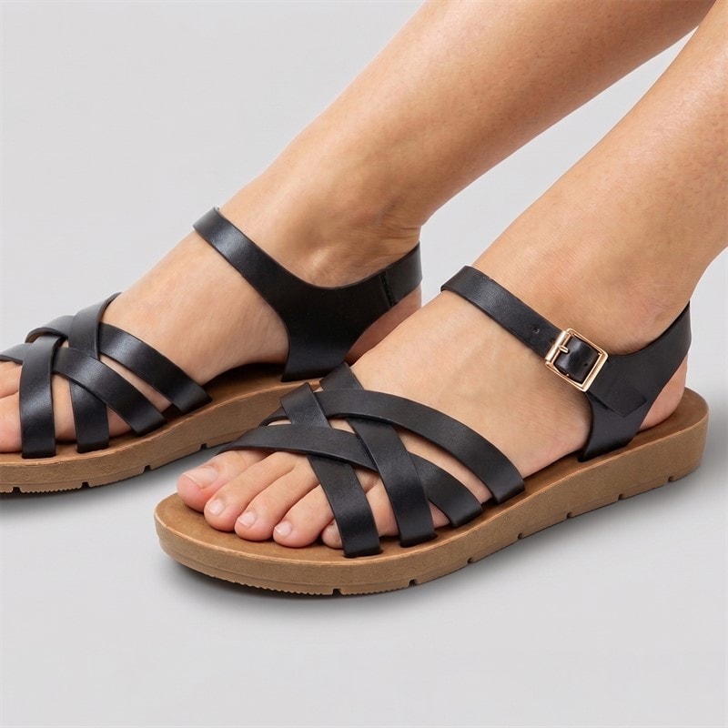Brave Soul Womens Aria Ankle Strap Flat Sandals Black - Image 1