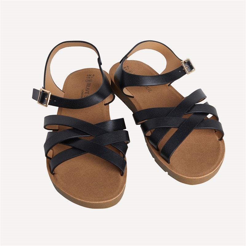 Brave Soul Womens Aria Ankle Strap Flat Sandals Black - Image 5