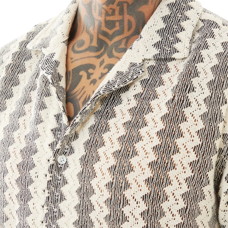 Mens Soresi Short Sleeve Shirt Ecru/Black Crochet - Image 3