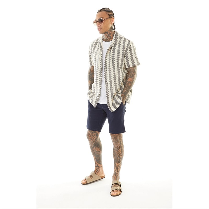 Mens Soresi Short Sleeve Shirt Ecru/Black Crochet - Image 5