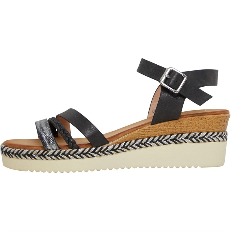 Womens Wedge Sandals Black/Silver Metallic - Image 2