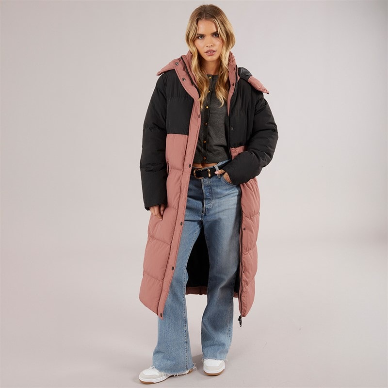 Womens Myra Long Hooded Puffer Coat Black/Dusky Pink - Image 4