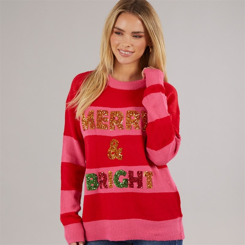 Brave Soul Womens Christmas Bright Jumper Red/Pink Stripe