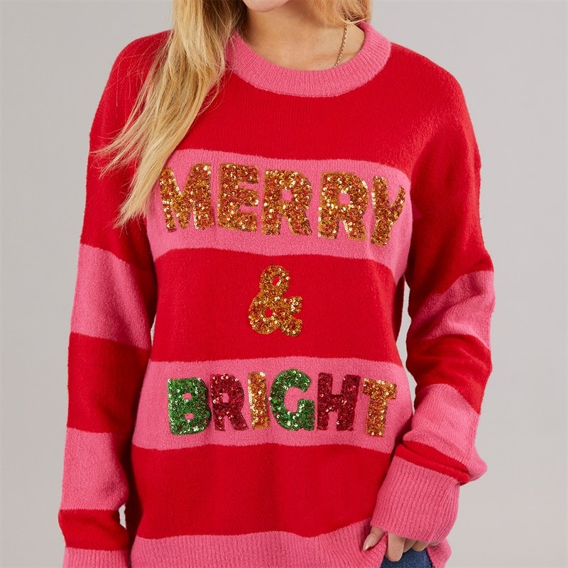 Womens Christmas Bright Jumper Red/Pink Stripe - Image 3
