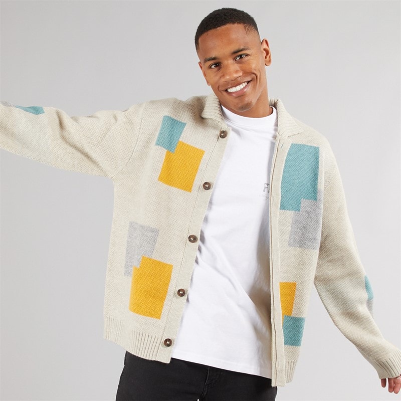 Brave Soul Mens Kevin Button Up Collared Cardigan Beige
