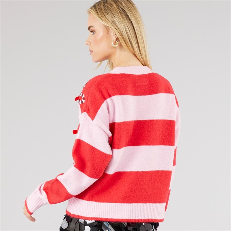 Womens Candy Bow Cardigan Red/Pink - Image 2