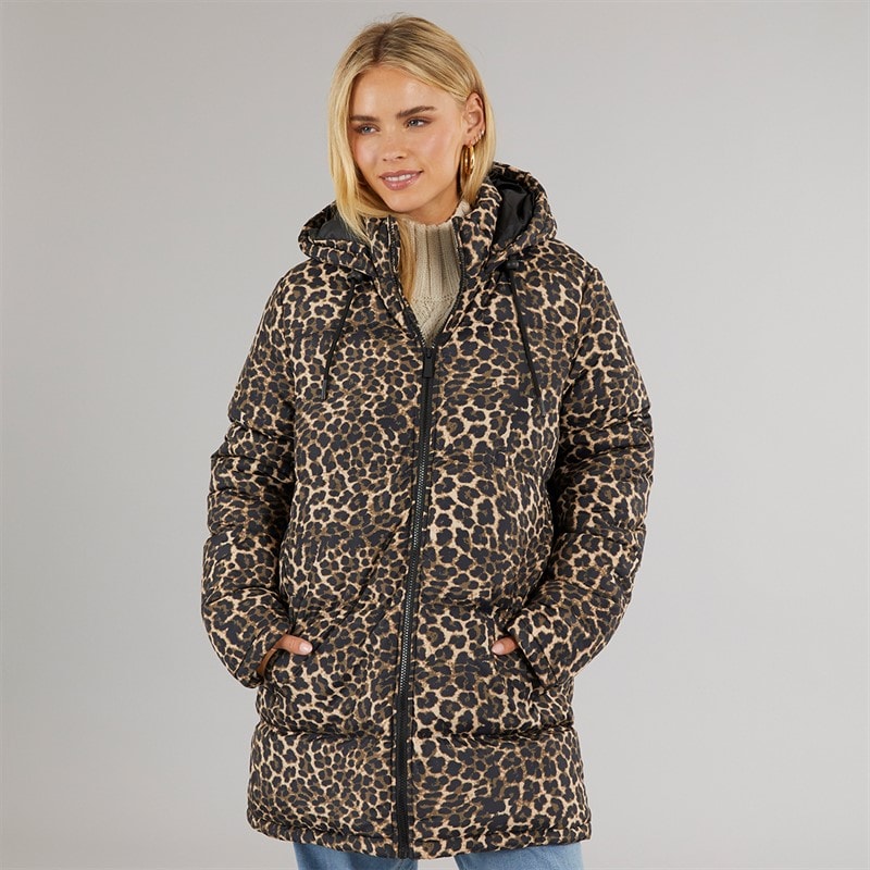 Womens Cello Long Puffer Coat Leopard - Image 3