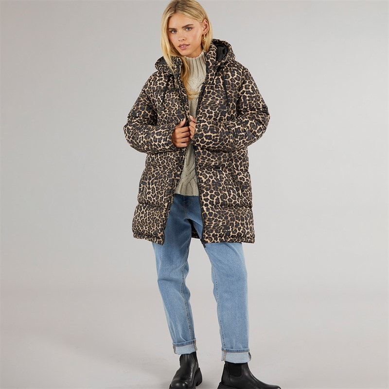 Womens Cello Long Puffer Coat Leopard - Image 4