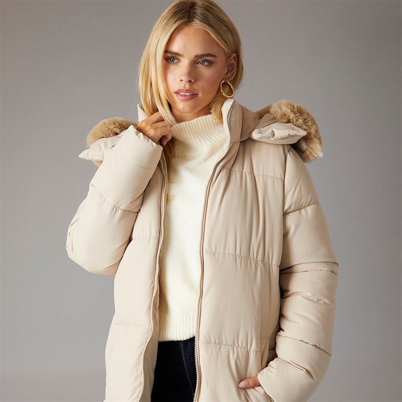 Womens Jewels Long Puffer Coat Cream - Image 3