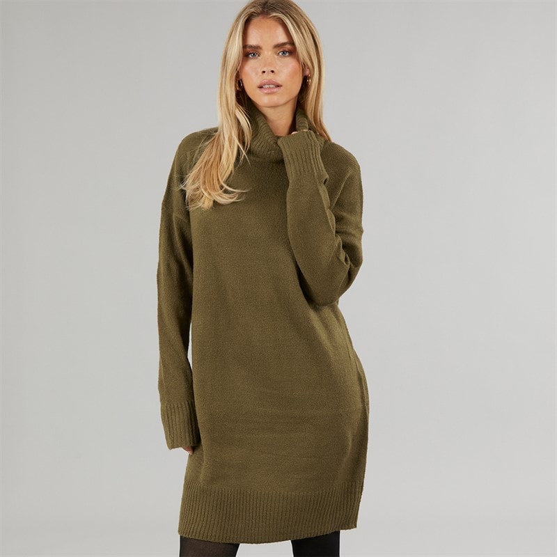 Womens Mingly Roll Neck Knitted Dress Khaki - Image 1