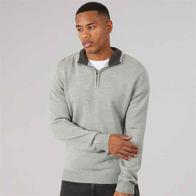 Brave Soul Mens Kester 1/4 Zip Funnel Neck Jumper Silver Grey Marl/Dark Charcoal Marl
