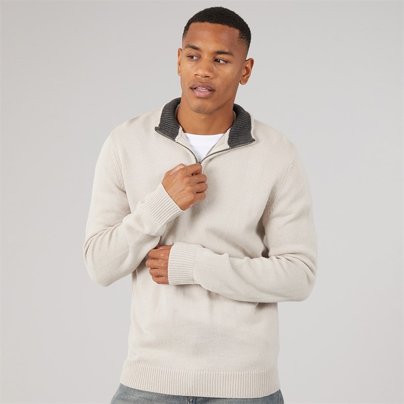 Mens Kester 1/4 Zip Funnel Neck Jumper Stone/Dark Charcoal Marl - Image 3