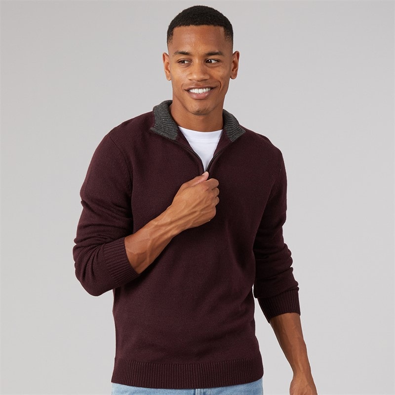 Brave Soul Mens Kester 1/4 Zip Funnel Neck Jumper Oxblood/Dark Charcoal Marl