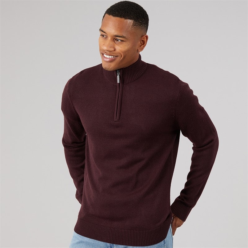 Mens Kester 1/4 Zip Funnel Neck Jumper Oxblood/Dark Charcoal Marl - Image 3
