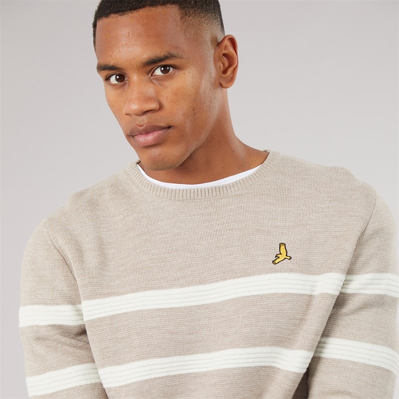 Mens Morlen Knitted Crew Neck Jumper Taupe/Ecru - Image 3